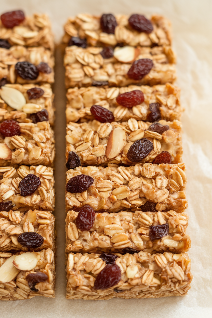 Indoor shot of rectangular granola bars with visible oats, raisins, and almonds, arranged on parchment paper. No text or logos.