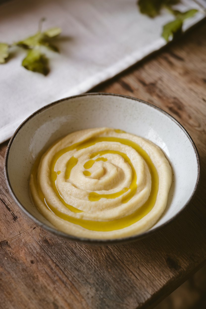 A shallow white bowl indoors containing pale celery root purée swirled with olive oil droplets; no text or logos. Photo only.