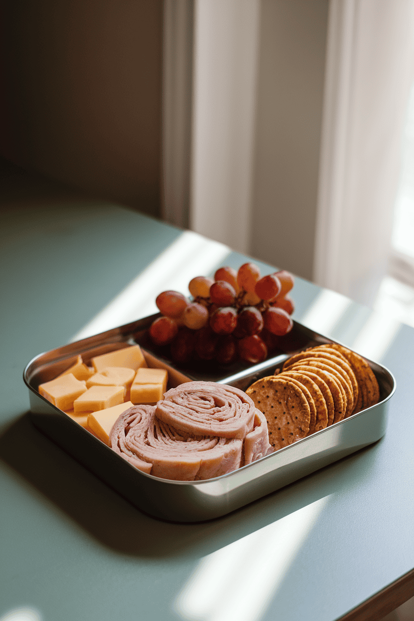 An indoor kitchen table with a bento tray showing rolled roast turkey slices, small Havarti squares, seedless red grapes, and a handful of whole-grain crackers—soft window light, no text or logos. Photo only.