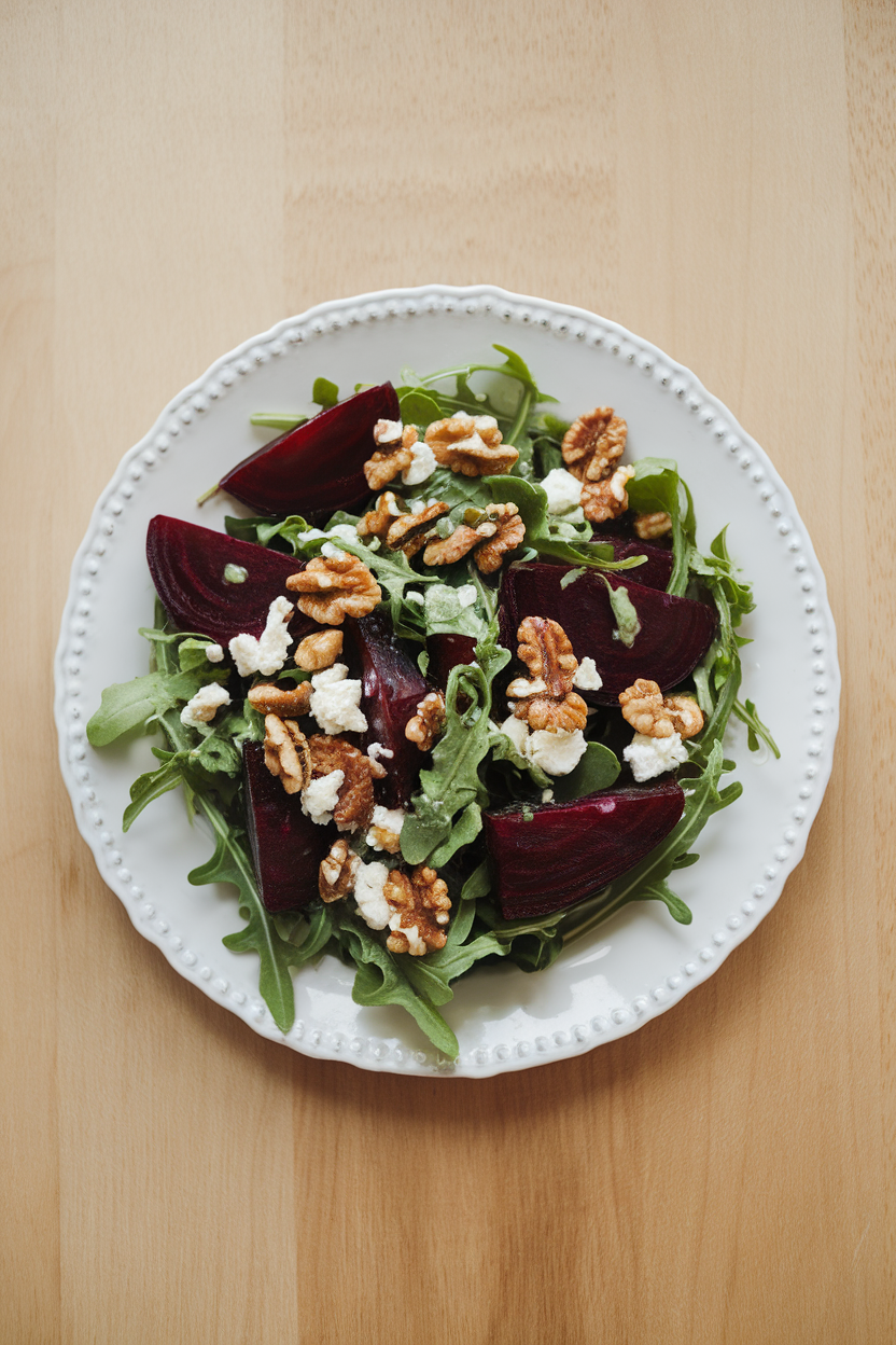 An indoor dining setup featuring a salad of roasted beet wedges, arugula leaves, crumbled goat cheese, and toasted walnuts on a white plate; no logos.