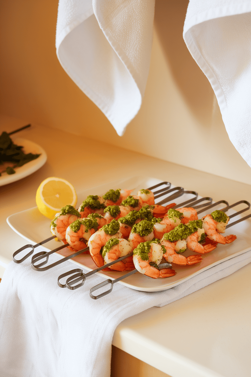Warm indoor counter with skewers of cooked shrimp coated in bright green pesto, a lemon wedge on the side. No text or logos present. Photo, not illustration.