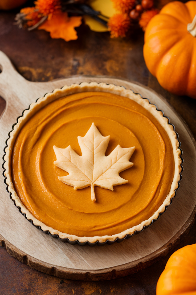 Indoor photo of a shallow tart with smooth pumpkin custard and a maple leaf pastry cut-out in the center. No text or logos.