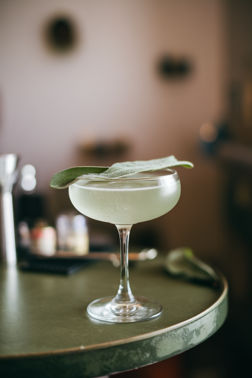 Photo of an elegant coupe glass on a small indoor bar table, filled with a pale green sage gin gimlet and a single fresh sage leaf laid across the surface. No text or logos.