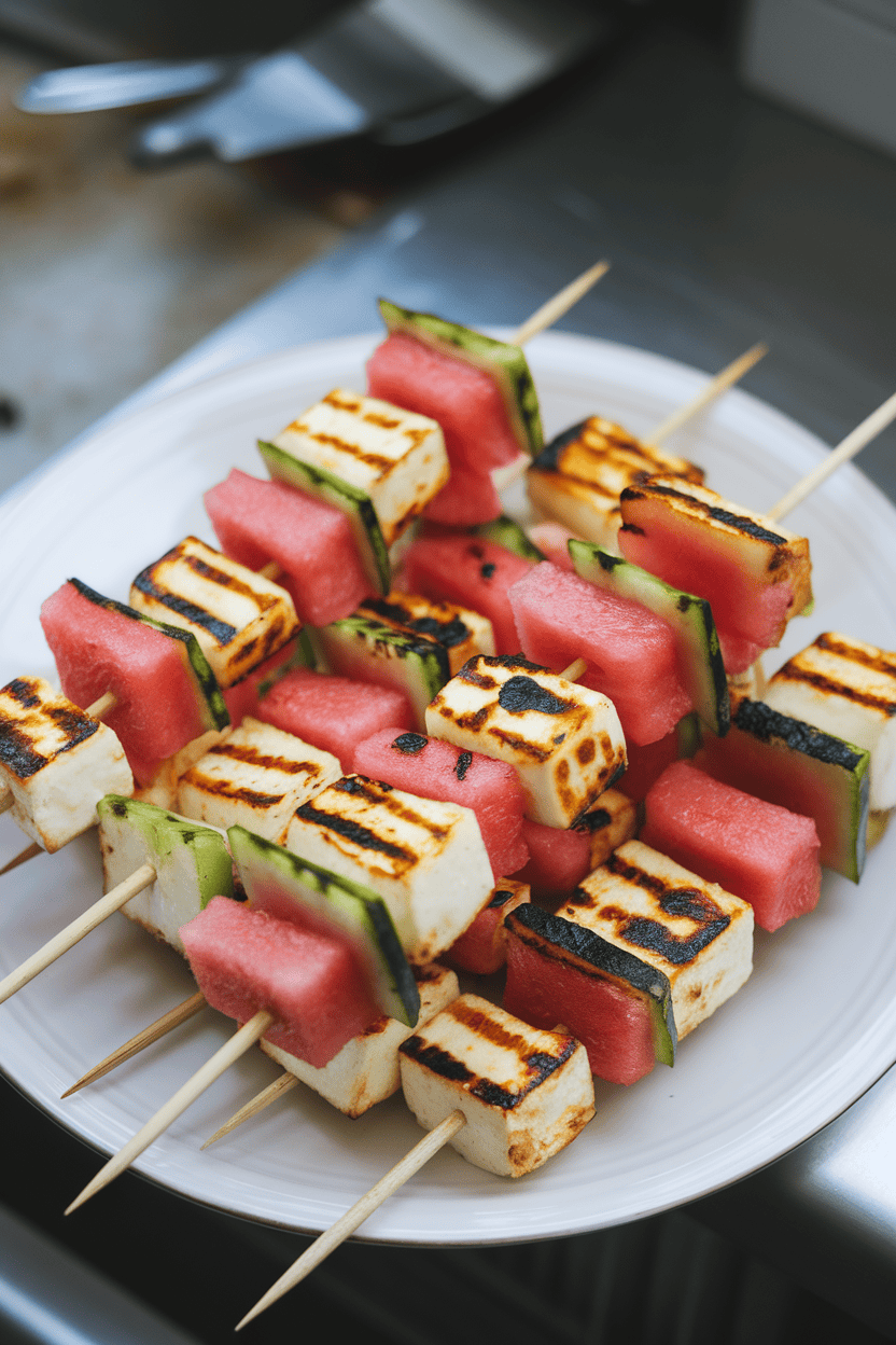 Indoor photo of short skewers alternating grilled halloumi cubes and watermelon chunks on a white plate. Soft lighting, no text or logos.