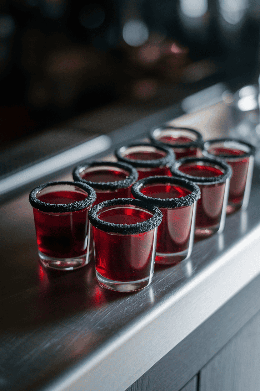 A sleek indoor bar surface with deep red cherry jello shots rimmed in black sanding sugar, no logos in frame