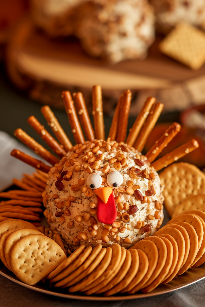Indoor photo of a round cheese ball decorated with pretzel sticks and nuts to resemble a turkey, on a platter with crackers; no text or logos.