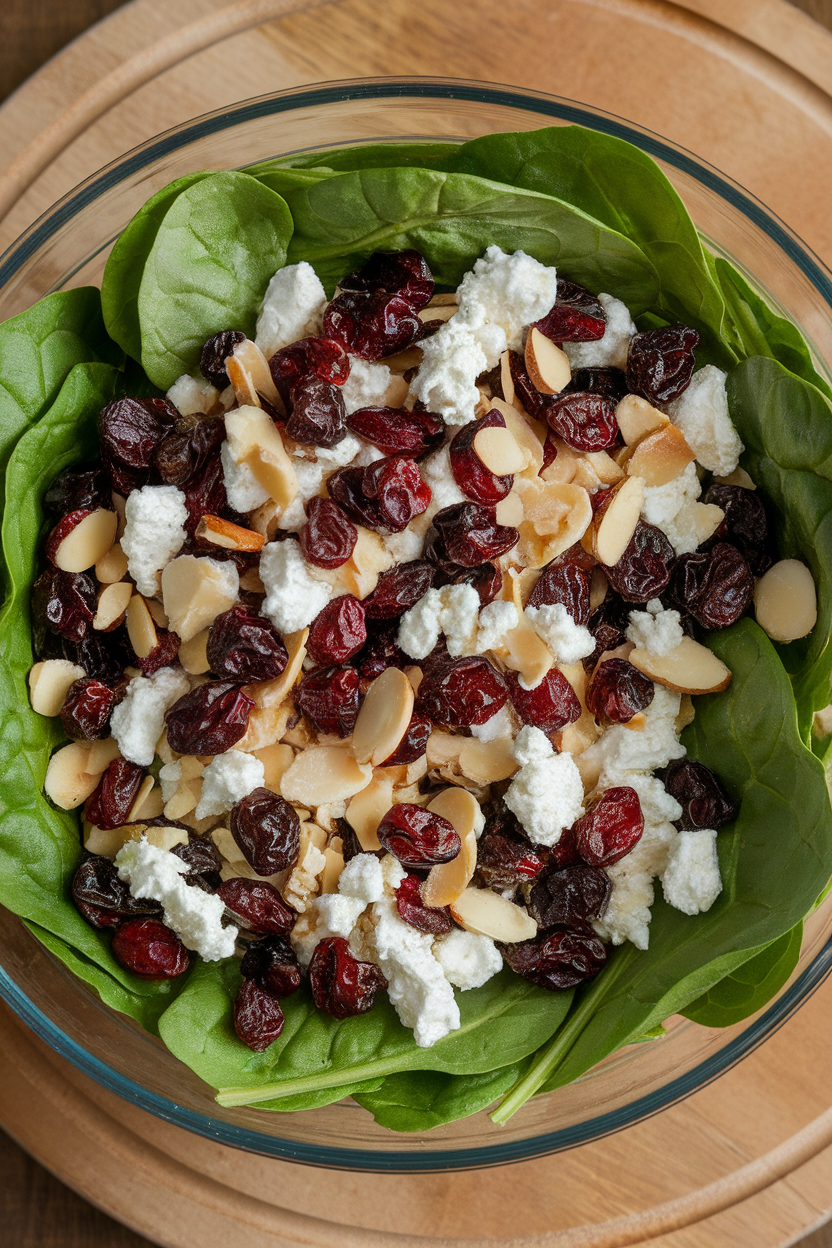 Indoor photo of baby spinach leaves dotted with dried cranberries, creamy goat cheese crumbles, and sliced almonds in a large salad bowl; overhead view, no text or logos.