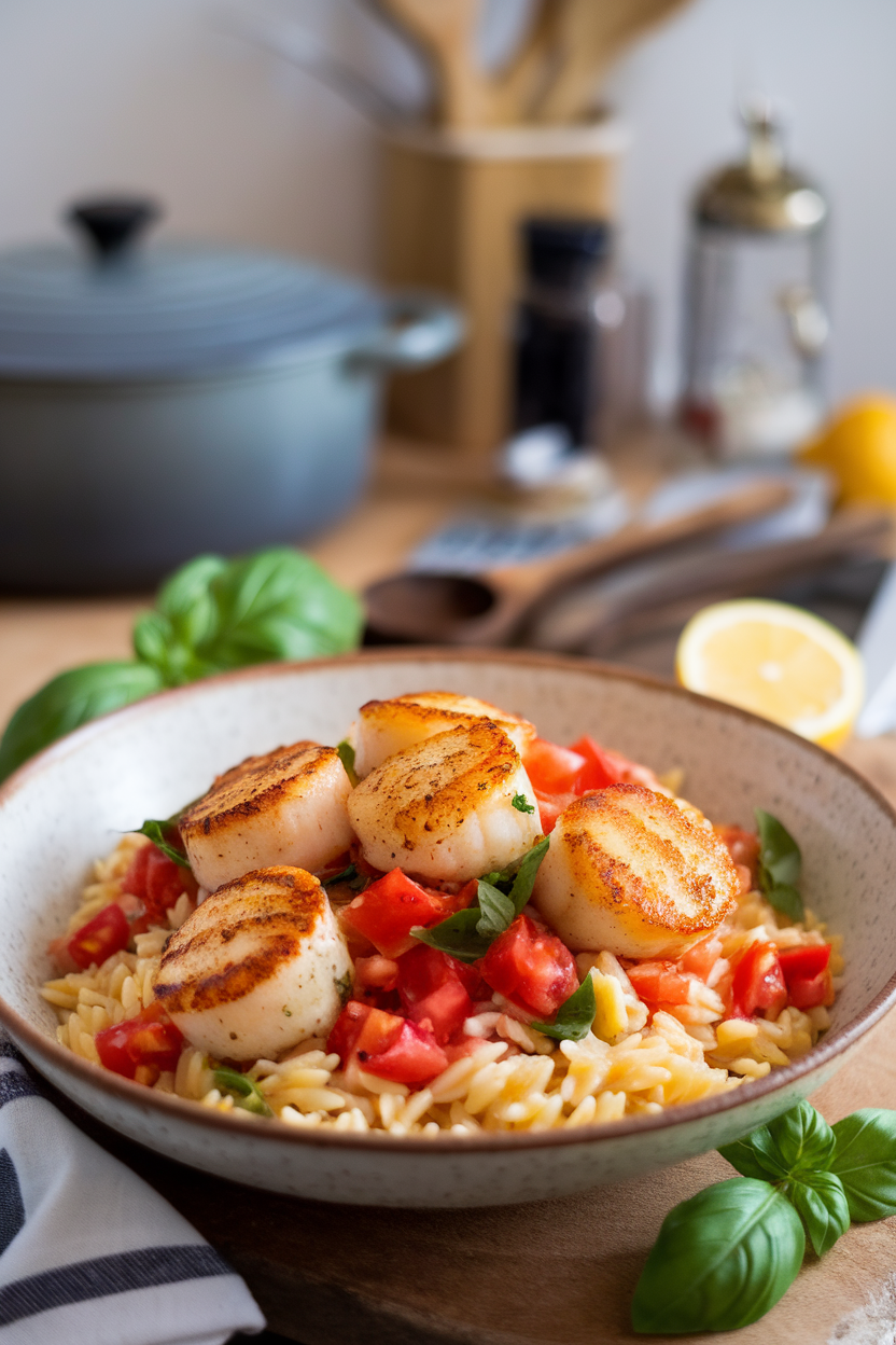 A shallow white bowl indoors holding cooked orzo tossed with diced tomatoes and basil, topped with golden seared scallops. No text or logos.