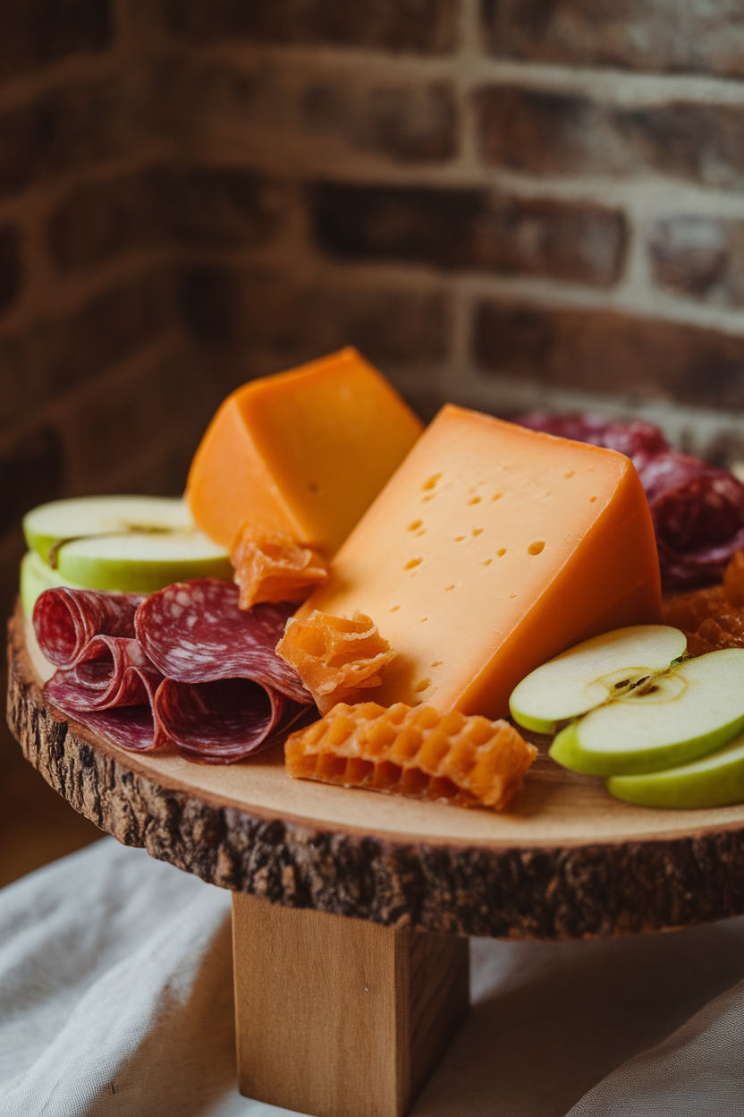 Warm indoor board featuring thick wedges of applewood smoked cheddar, folded Genoa salami, green apple slices, and honeycomb pieces. No text or logos. Photo only.