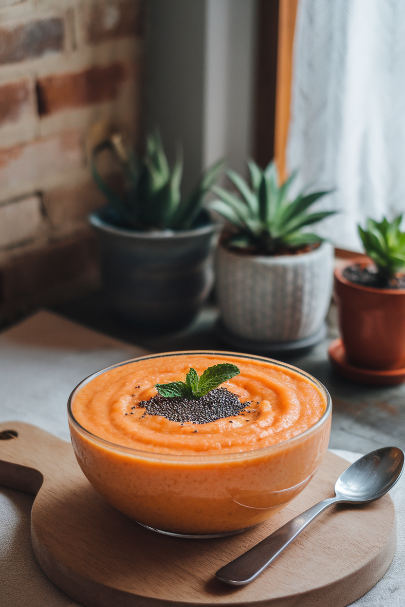 Indoor breakfast scene showing a shallow bowl of thick papaya smoothie topped with tiny chia seeds and a single mint leaf. No text or logos; photo only.