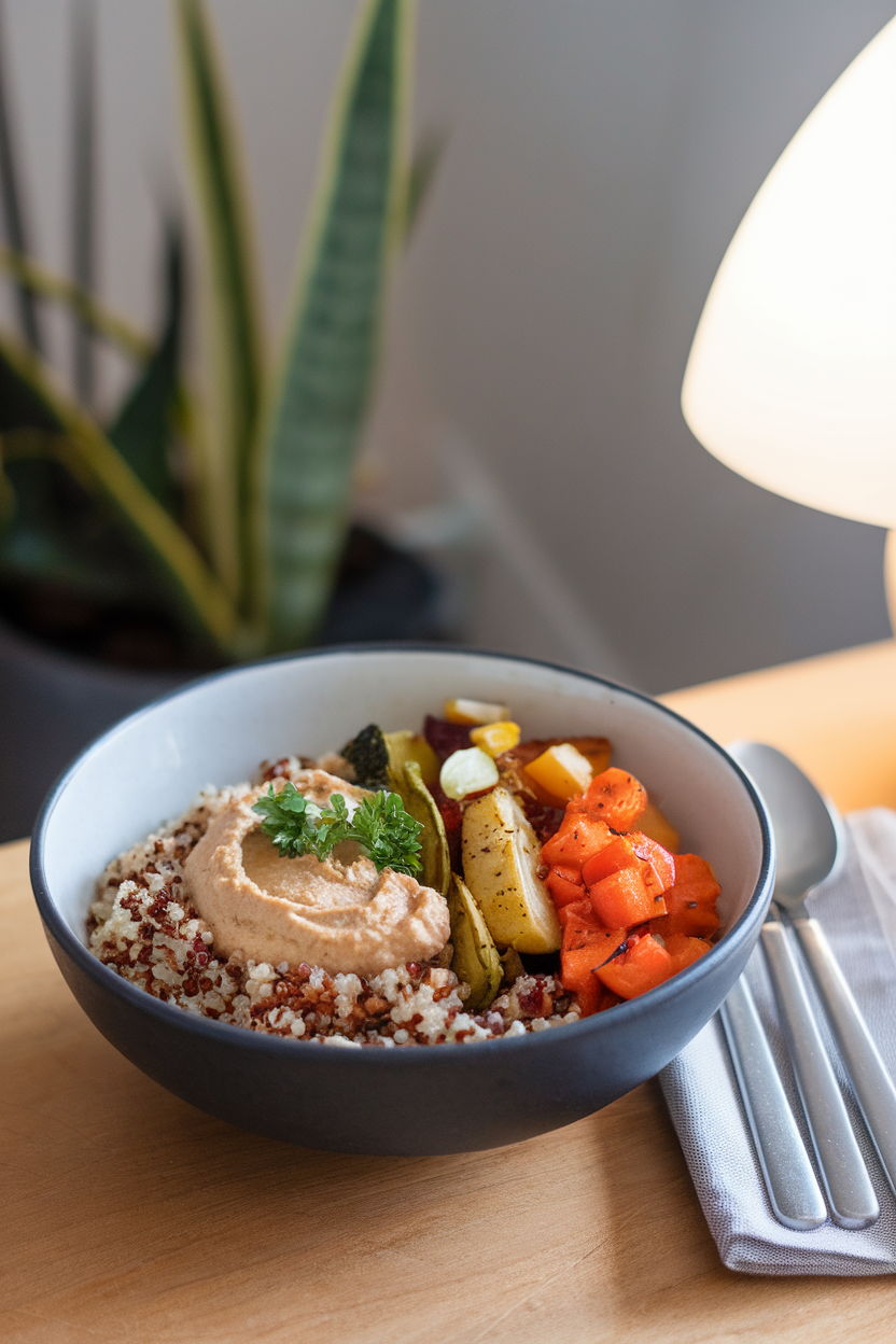 An indoor dining table photo of a bowl featuring quinoa, roasted vegetables, a scoop of hummus, and a sprinkle of parsley, no text or logos.