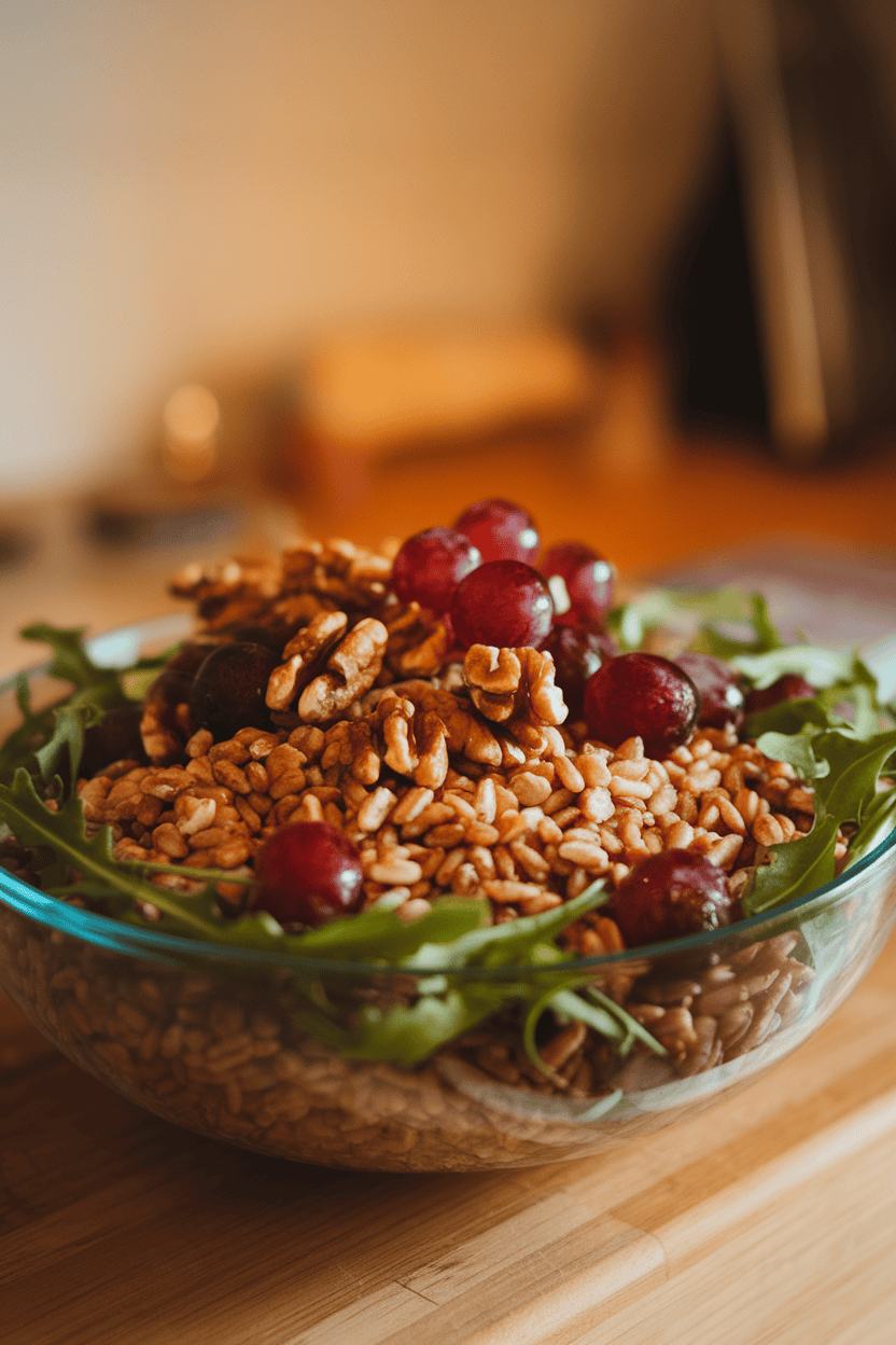 Indoor salad bowl filled with farro, roasted red grapes, toasted walnuts, and arugula. No text or logos.