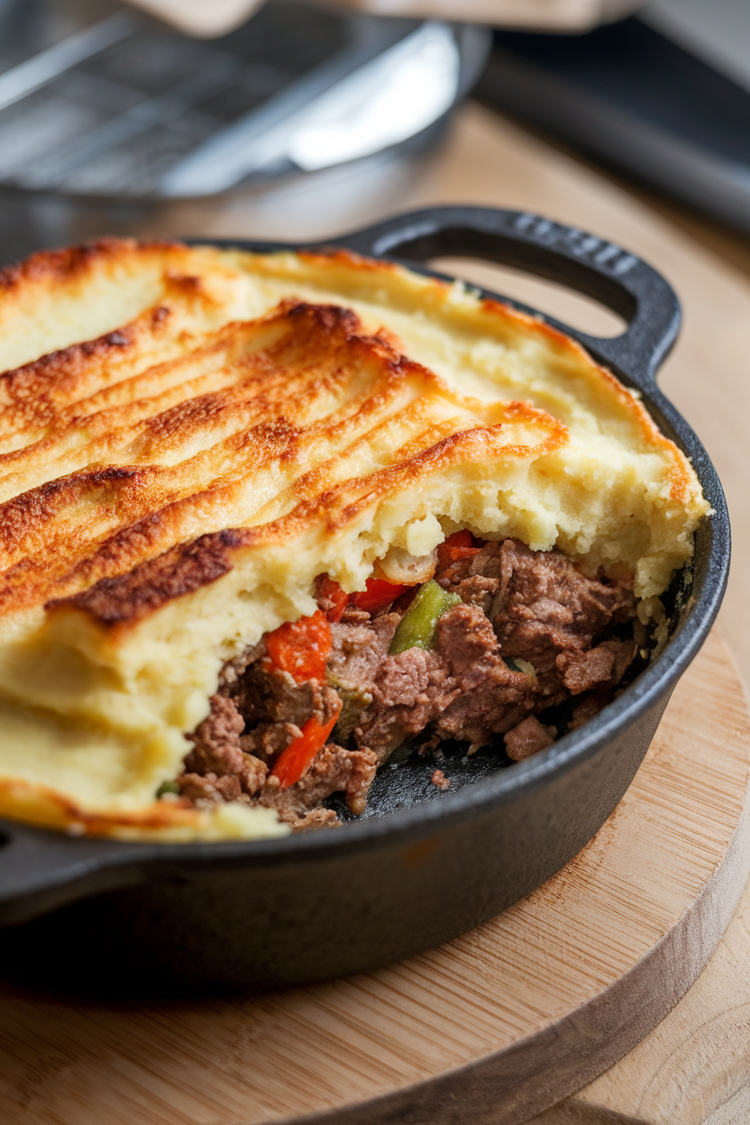 Indoor photo of a cast-iron dish showing a scoop of shepherd’s pie, mashed potato top browned, beef and vegetable filling visible, no text or logos. Photograph, not illustration.