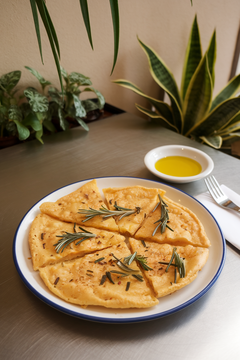 An indoor café table with triangular slices of golden chickpea socca sprinkled with rosemary and thyme; no text or logos visible.