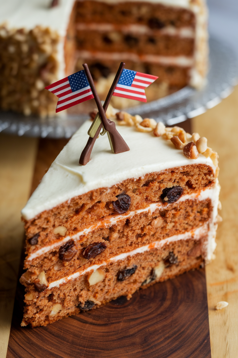 An indoor slice of moist carrot cake studded with nuts and raisins, frosted in smooth cream cheese and garnished with tiny fondant flags crossed like rifles. No text or logos, photo only.
