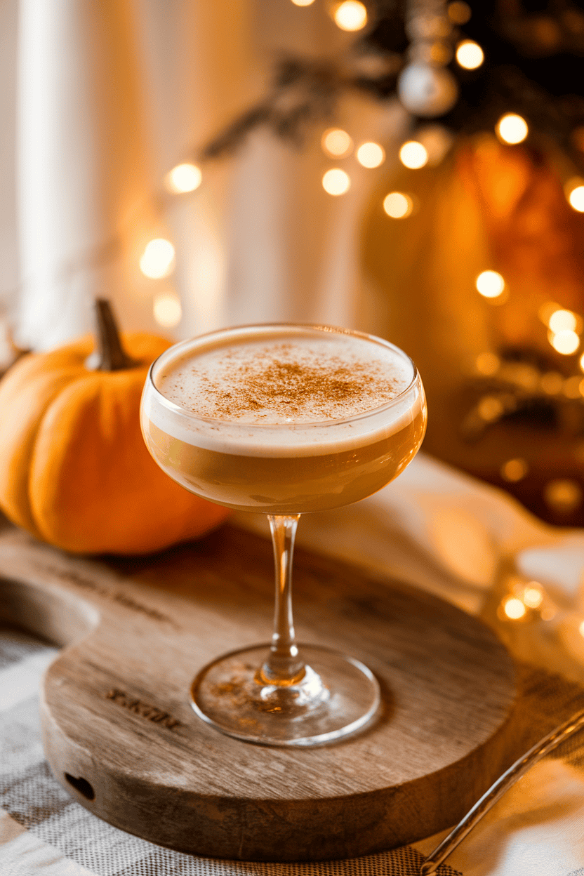 Indoor holiday bar scene with a coupe glass of creamy pumpkin cocktail dusted with grated nutmeg, tiny pumpkin in background; no text or logos, photo.