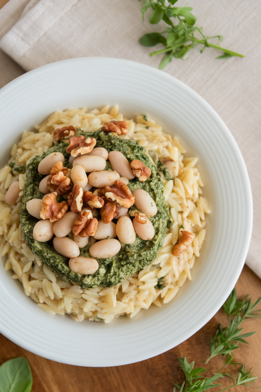 Overhead indoor photo of cannellini beans and spinach pesto over orzo, sprinkled with toasted walnuts. No text or logos.