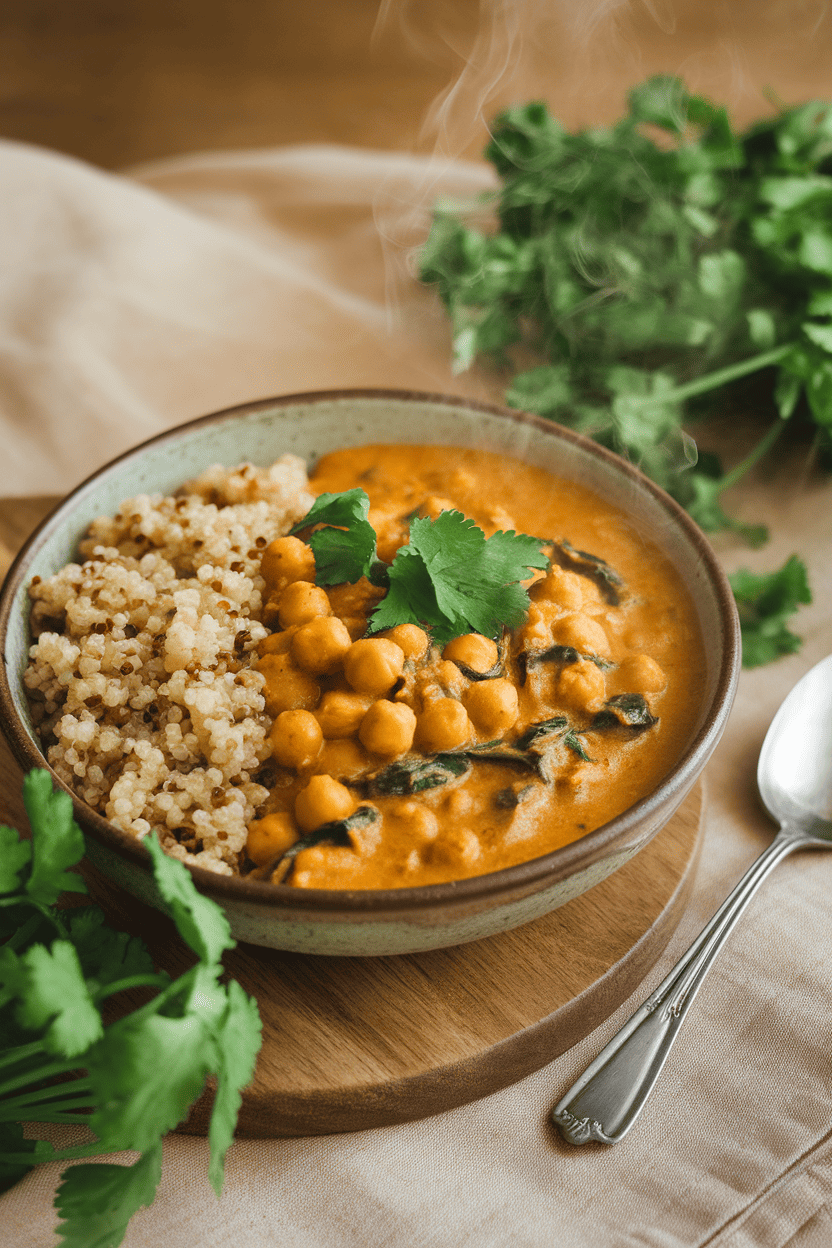Indoor photo of a bowl of golden chickpea and spinach coconut curry with a side of cooked quinoa, no text or logos.