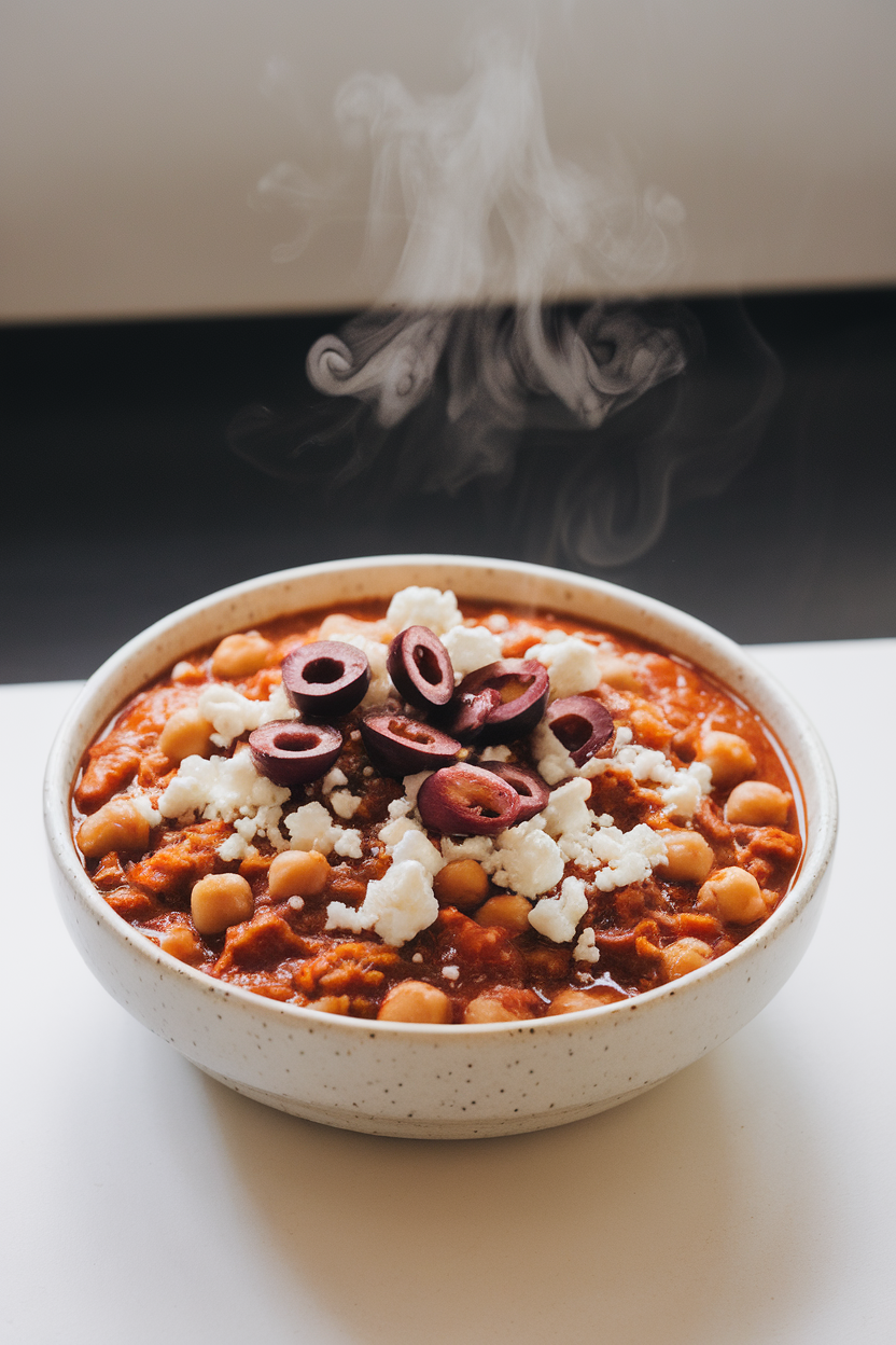 An indoor bowl of turkey and chickpea chili topped with sliced olives and crumbled feta, steam visible. No logos; photography only.