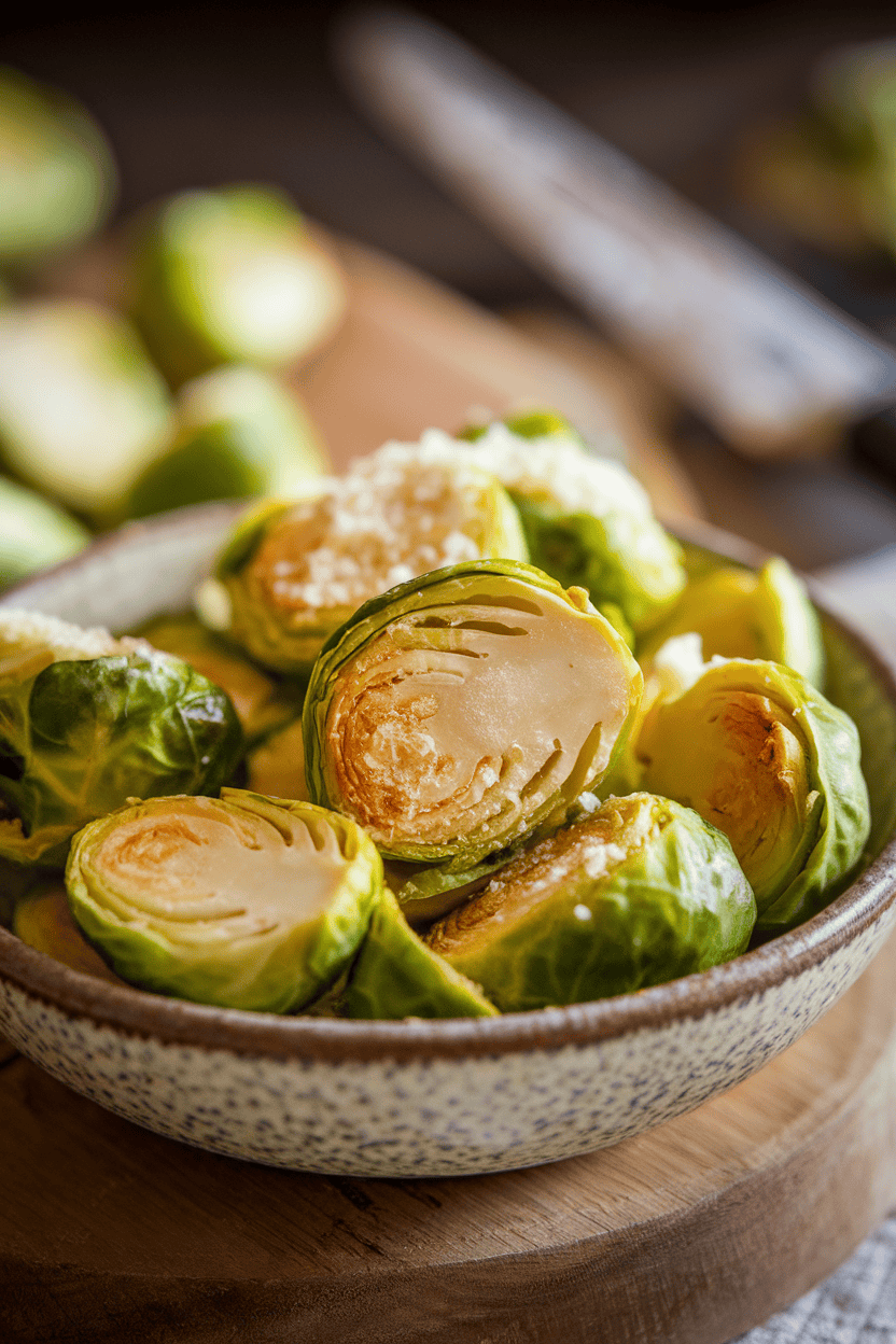 Indoor photo of halved Brussels sprouts with a light Parmesan crust in a rustic bowl. No branding.