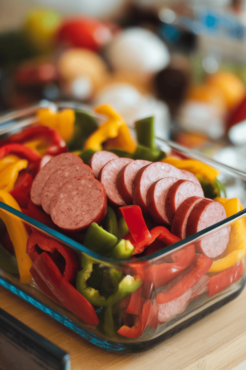 Indoor photo of sliced sausage and colorful bell peppers nestled together in a glass storage dish. No branding.