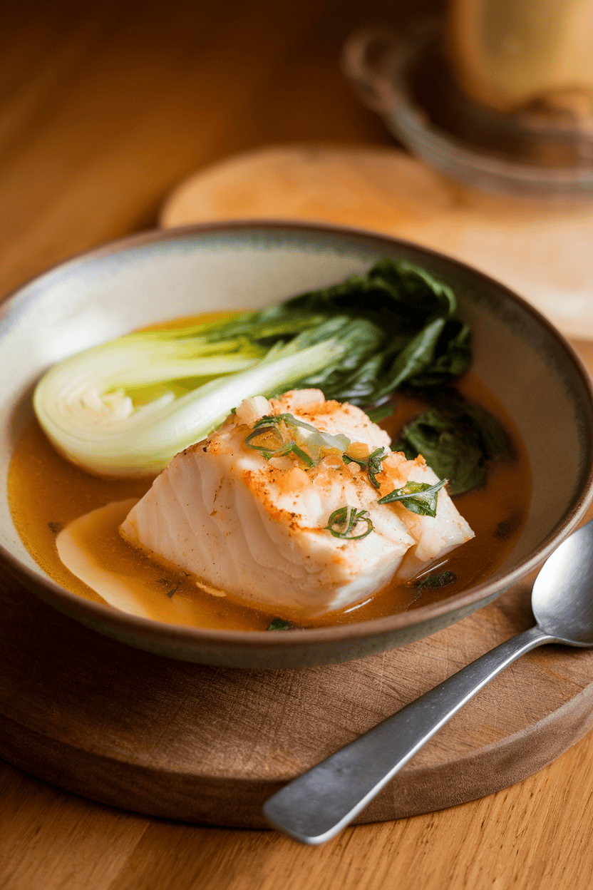 Photo of a shallow bowl indoors containing cod poached in orange-ginger broth with wilted bok choy. No logos or text.