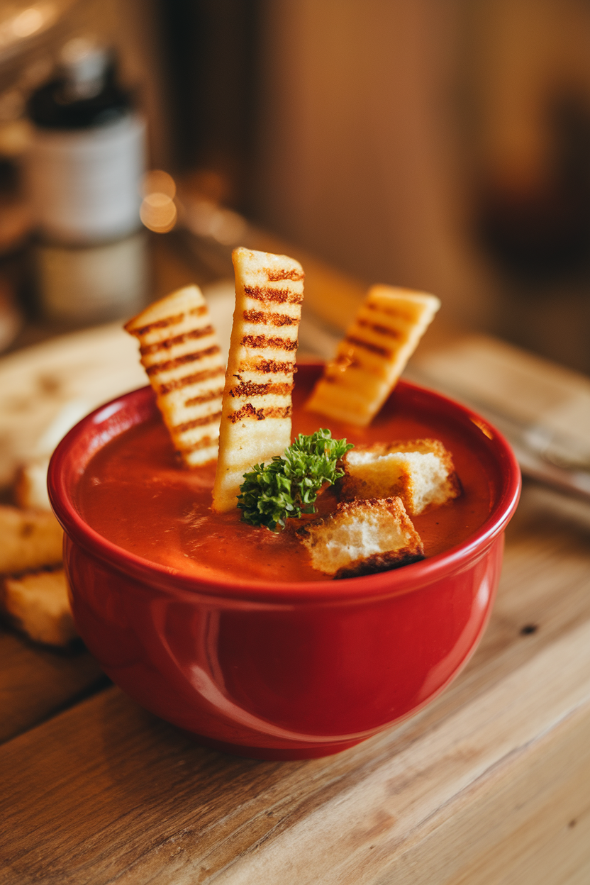 Indoor photo of a red bowl of tomato soup surrounded by grilled cheese strips ready for dipping. Warm lighting, no text or logos.