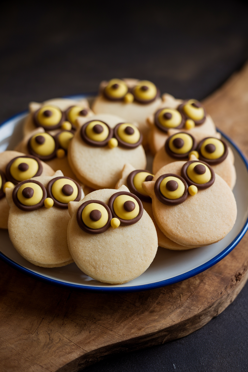 Indoor photo of round cookies with large yellow eyes and chocolate eyelids, resembling owls peering out of darkness, no text or logos.