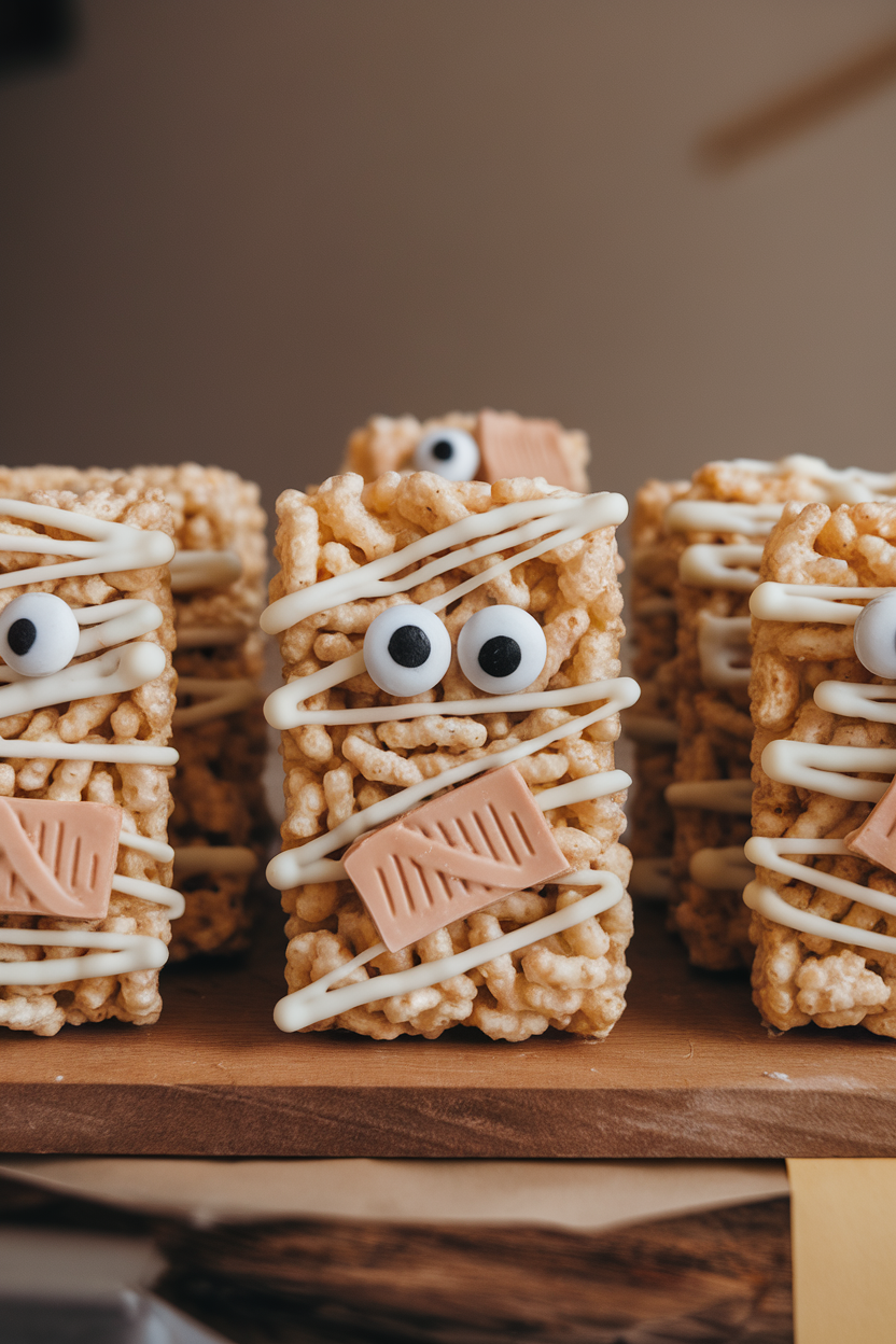 Photo of rectangular rice cereal treats drizzled with white chocolate bandages and candy eyes, displayed indoors, no text or logos.