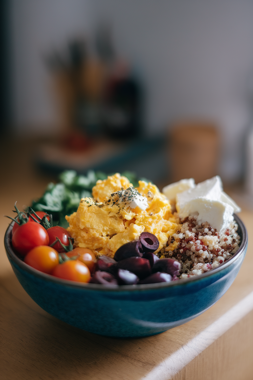 Indoor bowl featuring scrambled eggs, cherry tomatoes, olives, feta, and quinoa, photographed in diffused daylight. No text or logos.