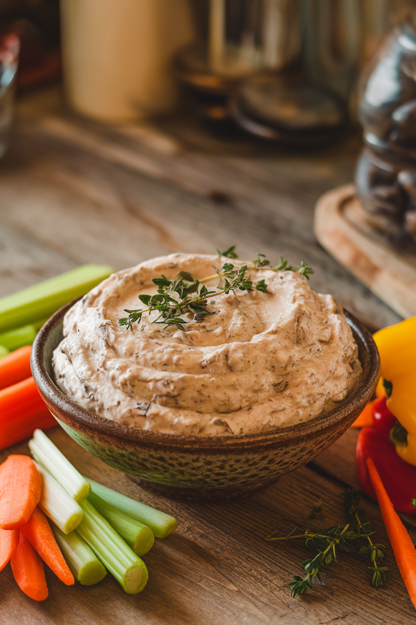An indoor wooden table with a rustic bowl of creamy mushroom dip topped with thyme leaves. Photo, no text or logos.