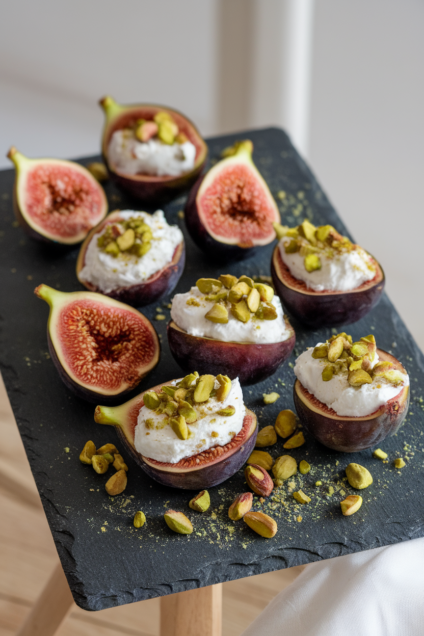 Photo of halved fresh figs filled with ricotta and sprinkled with crushed pistachios, set indoors on a slate platter. No text or logos present.
