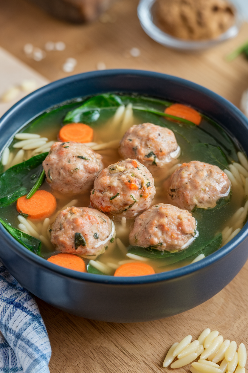 Indoor photo of a bowl of turkey meatball soup—mini meatballs, spinach, carrots, and orzo in clear broth. No logos or text.