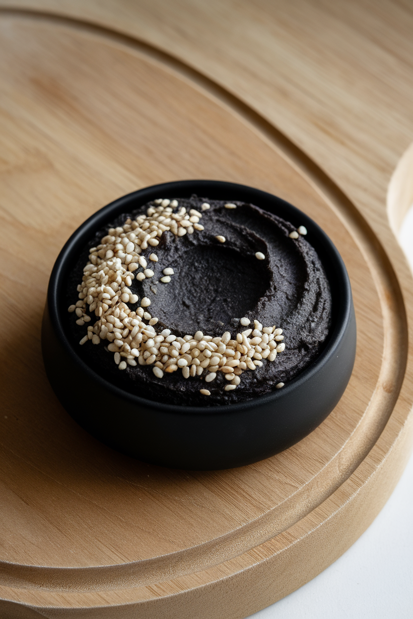 An indoor tabletop featuring a matte black dish of deep charcoal tahini dip topped with white sesame seeds. Photo, no text or logos.