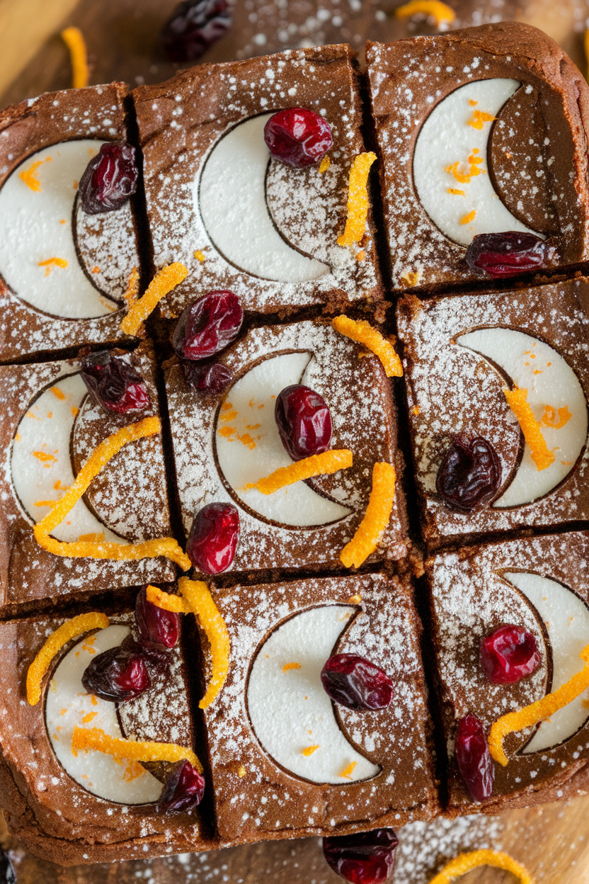 Indoor shot of brownie squares sprinkled with powdered sugar moon phases and dotted with dried cranberries and orange zest; no text or logos