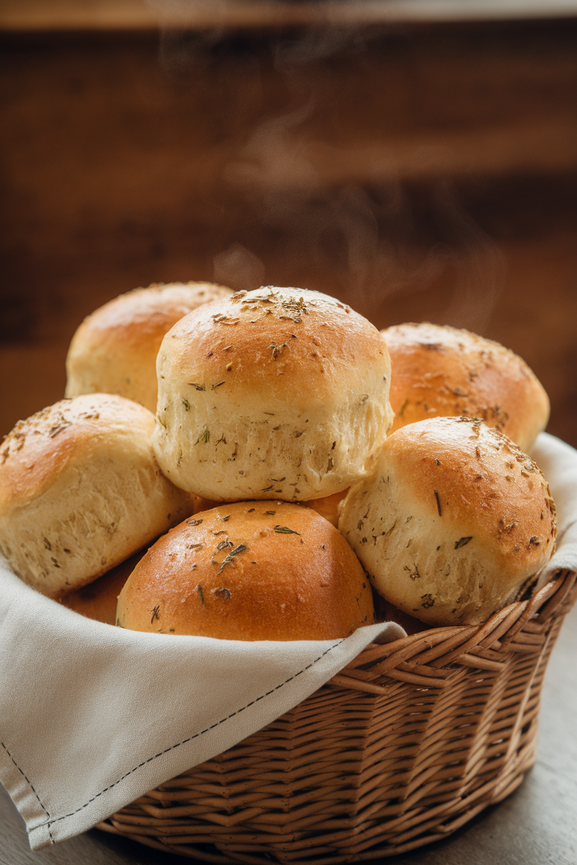 A basket indoors lined with a cloth napkin and filled with fluffy herb-flecked dinner rolls, steam visible; no text or logos. Photo.</Prompt