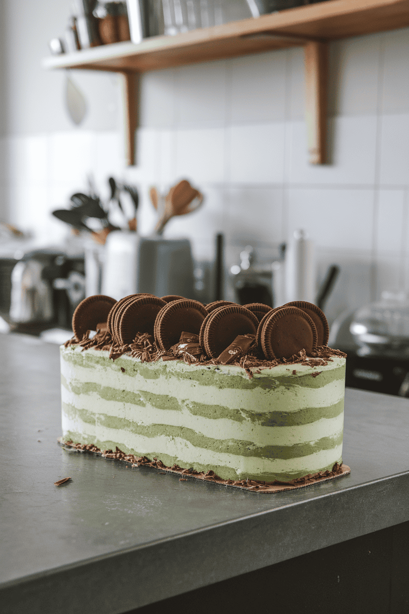 Indoor kitchen island with a loaf-shaped icebox cake showing green mint cream layers and chocolate wafer cookies, chocolate shavings on top. No text or logos. Photo.