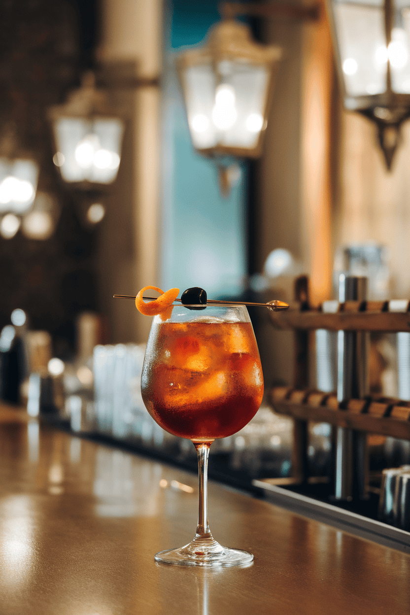 Indoor Venetian-style bar with stemmed goblet of dark amaro spritz garnished by black olive and orange twist on pick; photo, no logos.