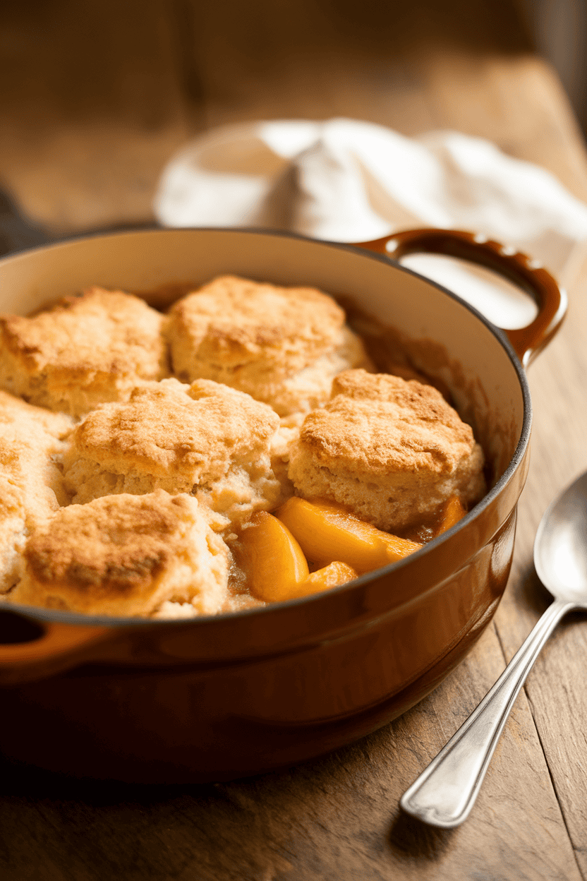 Warm indoor photo of a Dutch oven holding bubbly peach cobbler with a golden biscuit topping; serving spoon nearby; no text or logos.