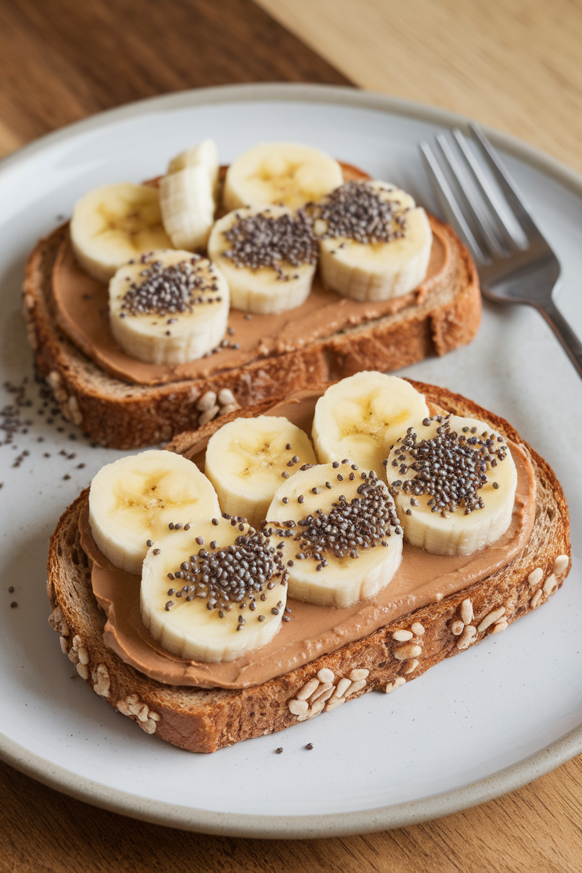 Indoor photo of two slices of whole-grain toast spread with peanut butter, topped with banana coins and chia seeds; no text or logos.