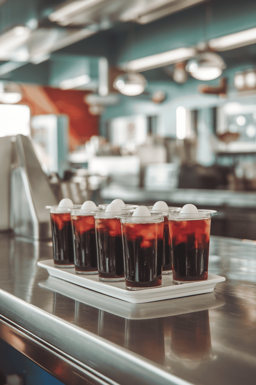 Indoor retro diner counter with black cherry cola jello shots sporting a tiny white foam cap, no logos in frame