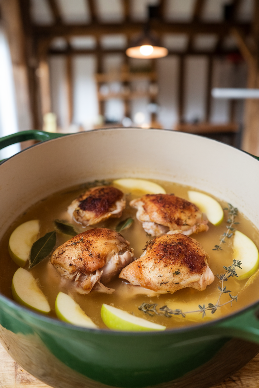 An indoor Dutch oven showing browned chicken thighs nestled in apple slices and cider broth, no text or logos. Photo.</Prompt