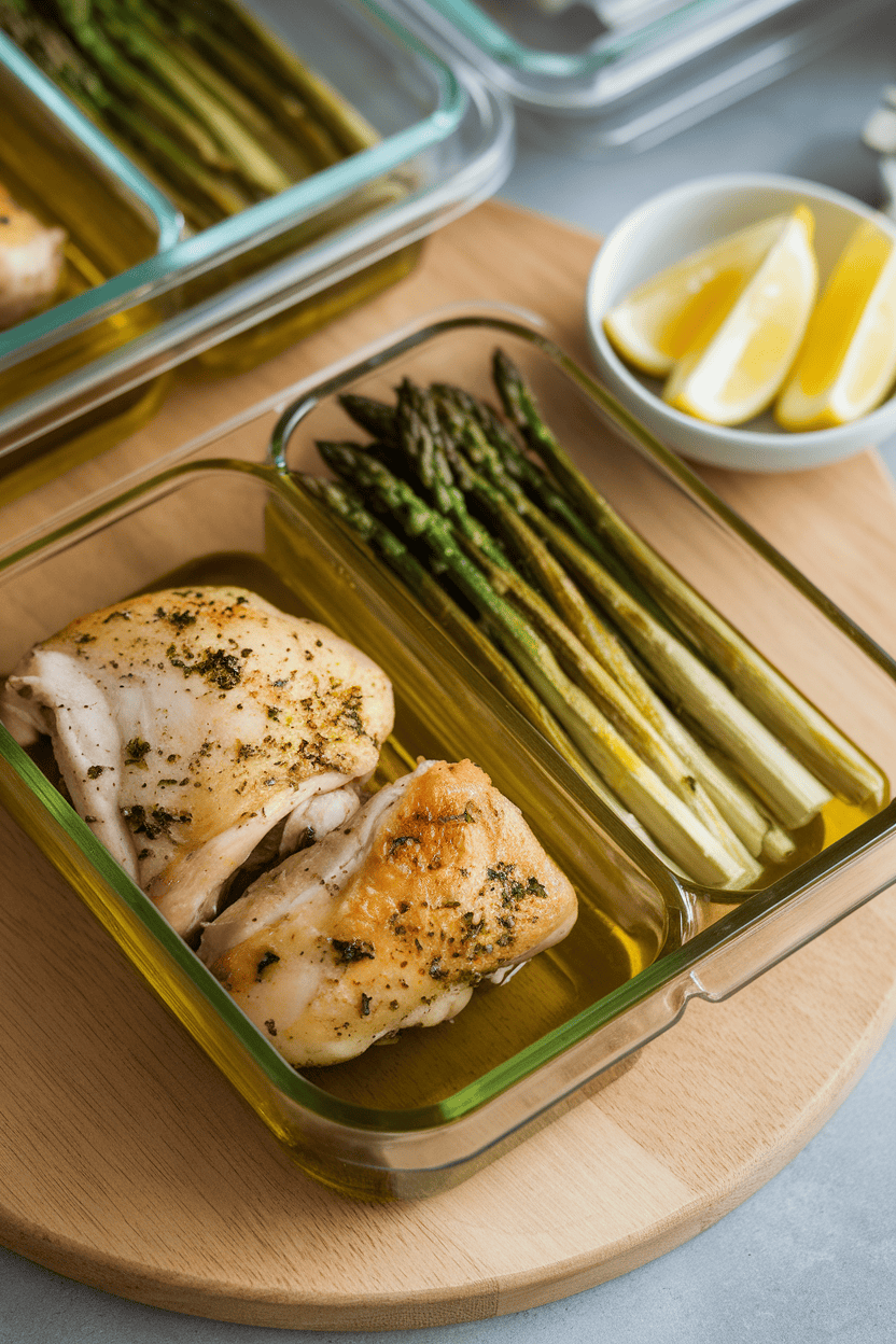 Photo of a meal-prep box indoors with boneless chicken thigh and roasted asparagus spears, no text or logos.