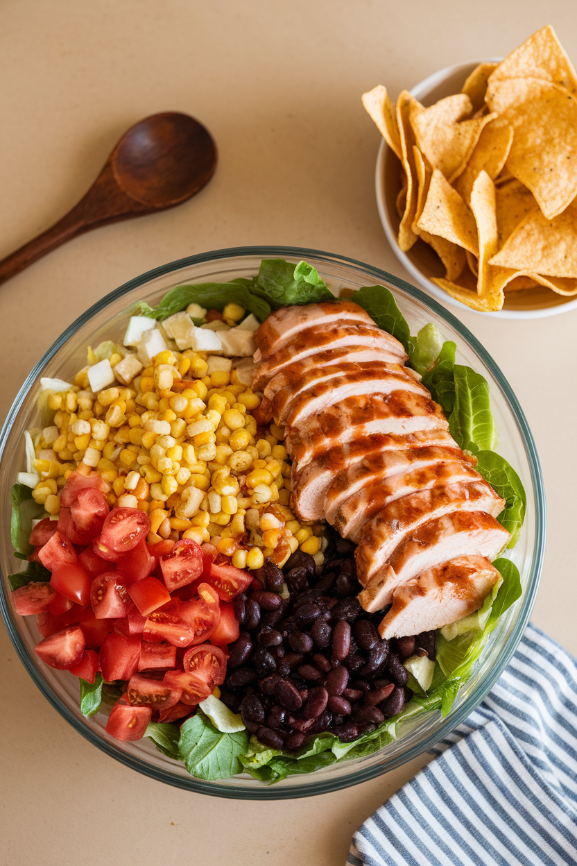 Indoor salad bowl filled with chopped romaine, corn, black beans, diced tomatoes, and sliced BBQ-ranch chicken breast. No logos. Photo.