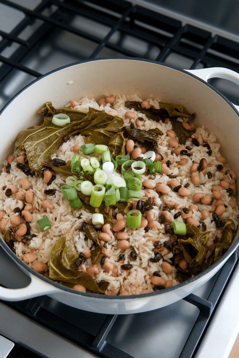 A photo of a Dutch oven on an indoor stovetop containing fluffy rice mixed with black-eyed peas and wilted collard greens, garnished with sliced green onions. No text or logos.