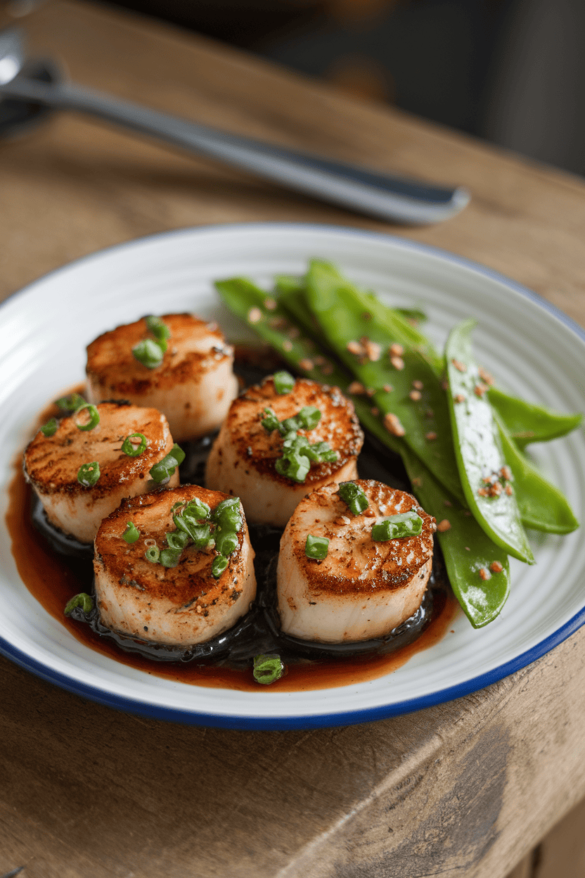 Indoor tabletop with a white plate displaying seared scallops coated in a dark lime-soy glaze, snow peas on the side. Photo only, no text or logos.