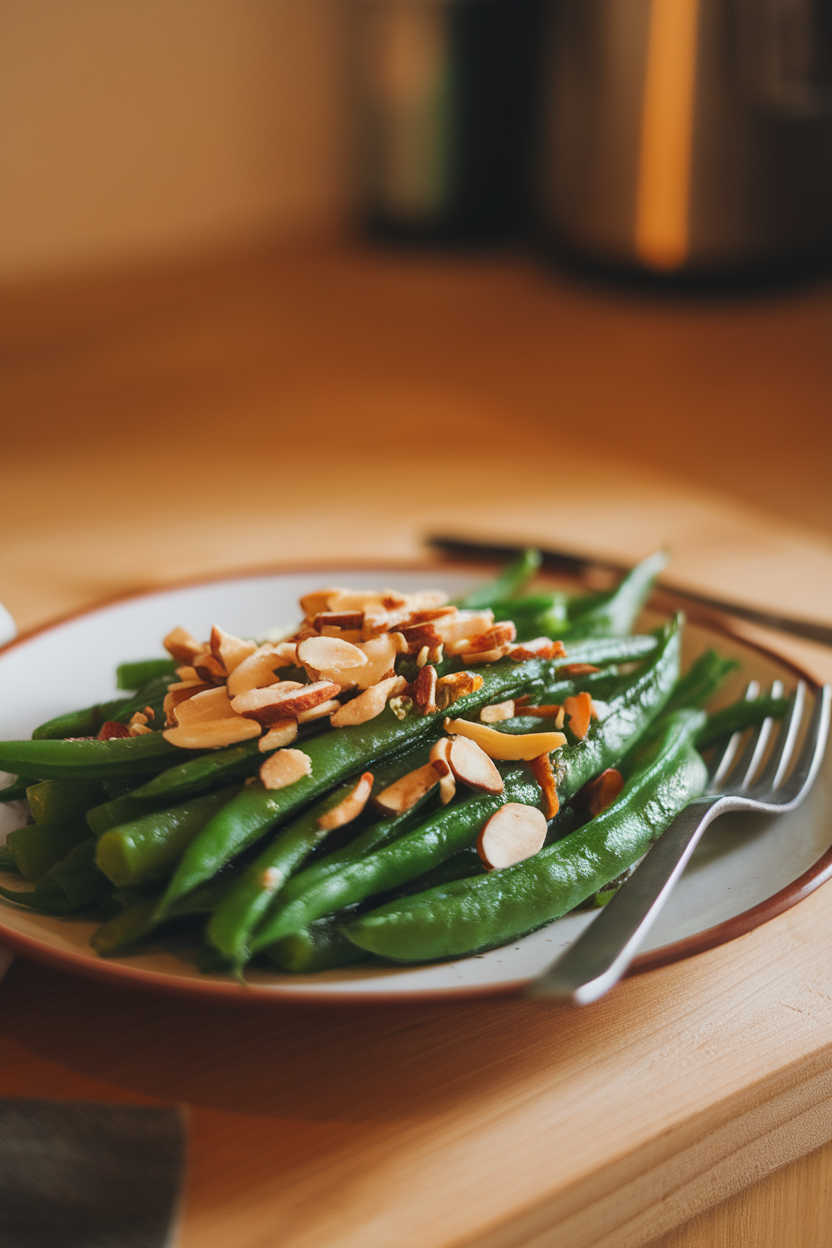 Plate of sautéed green beans sprinkled with toasted sliced almonds, captured under warm indoor lighting. No text or logos. Photo.