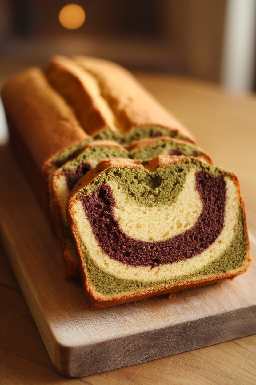 A sliced loaf-style pound cake indoors on a wooden board, showing marbled swirls of light tan, dark chocolate, and olive-green matcha batter. Warm indoor lighting, no text or logos. Photo, not illustration.