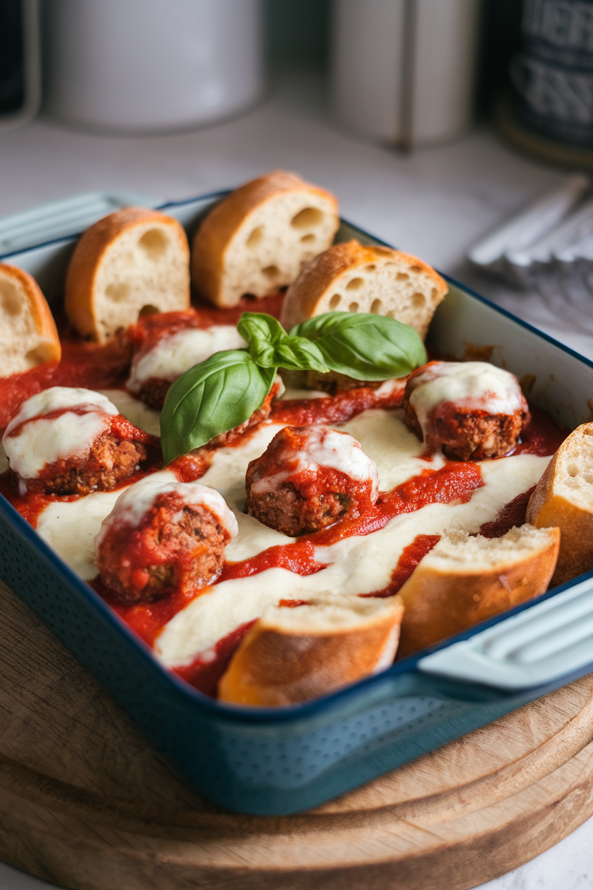 Indoor photo of a baking dish layered with meatballs, marinara, melted provolone, and toasted baguette slices. No logos or text.