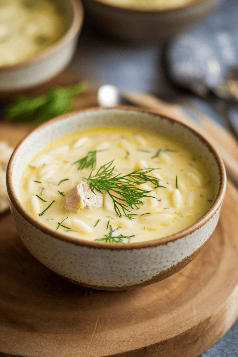 Indoor photo of a small soup bowl containing creamy lemon-chicken orzo soup, garnished with dill. No raw ingredients visible, no text or logos.